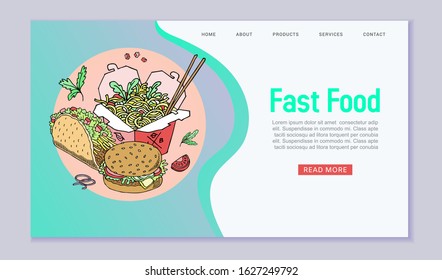 Fast food vector webpage illustration. Fast food hamburger and chinese noodles dinner in cafe, tasty set fast food. Street meal and unhealthy junk food cartoon style website or landing, online order.