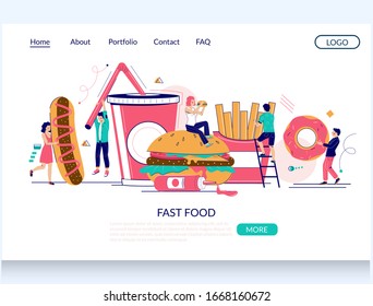 Fast food vector website template, web page and landing page design for website and mobile site development. Micro male and female characters with big hot dog, burger, french fries, soda, donut.
