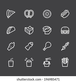 fast food vector white icon set on black background
