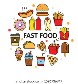 Fast food vectors in circle. lineal color style for set of fast food icons such as hamburger, hot dog, pizza, etc. Fast food concept