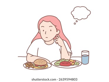 fast food or vegetarian thoughtful. young woman can't choose between fast food or vegetarian fat girl thinking about junk food. Hand drawn style vector design illustrations.