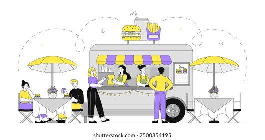 Fast food vendor. Man and woman buying hot dog, hamburger, fries and soda. People with takeaway eating. Street food vendor truck. Linear vector illustration isolated on white background