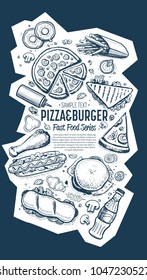 Fast food vertical banner. Burger and pizza hand drawn style. Cafe restaurant cover menu design. Top view.