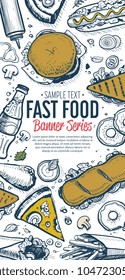 Fast food vertical banner. Burger and pizza hand drawn style. Cafe restaurant cover menu design. Top view.