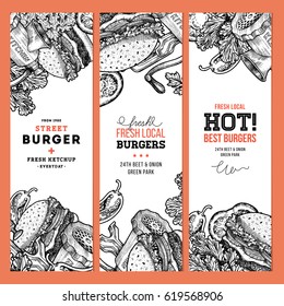 Fast food vertical banner collection. Linear graphic. Snack collection. Junk food. Engraved illustration. Vector illustration