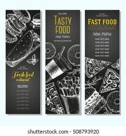 Fast food vertical banner set. Pizza, hamburger and french fries collection. Vector illustration, linear graphic drawn. Fast food menu design