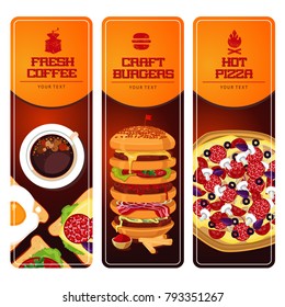Fast food vertical banners set. Illustartion with pizza, coffee, burgers and sandwich.