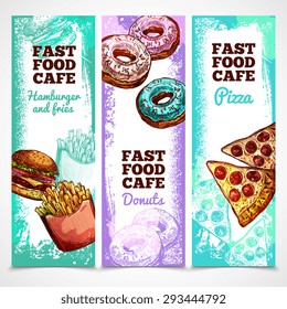 Fast food vertical banners with sketch donuts pizza and sandwiches isolated vector illustration
