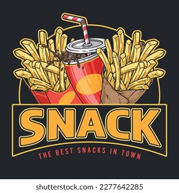 Fast food vintage colorful logotype with fried potatoes and soda in takeaway cup and signed best snack vector illustration