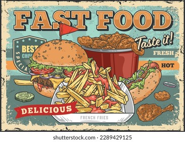 Fast food vintage flyer colorful fried potatoes with ketchup and chicken in crispy panning near beef burger vector illustration