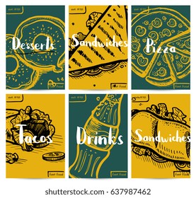 Fast food vintage hand drawn poster set. Restaurant menu vector illustration with taco, pizza, sandwich, dessert, drink. Cafe price catalog, junk food retro poster with snack linear sketches