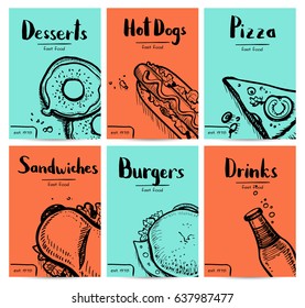 Fast Food Vintage Hand Drawn Graphic Design Set. Restaurant Menu Vector Illustration With Burger, Pizza, Dessert, Drink, Hot Dog. Cafe Price Catalog, Junk Food Retro Poster With Snack Linear Sketches