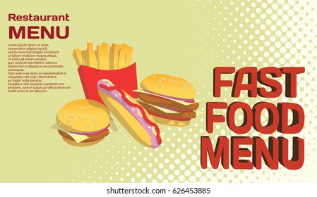 fast food vintage menu with hot dog chips and burger