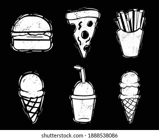 Fast Food Vintage Rubber Stamp Vectors. Junk Food EPS Files with Burger, Pizza, Fries, Ice Cream, and Soda. 