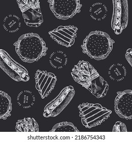 Fast food vintage seamless pattern. Cafe branding chalkboard background.