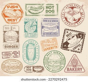 Fast food vintage set labels colorful for cafes and eateries with sandwiches and pizza or tasty drinks vector illustration