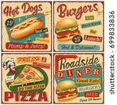  Fast food vintage vector poster collection.Retro Diner,burger,hot dog,pizza metal sign.