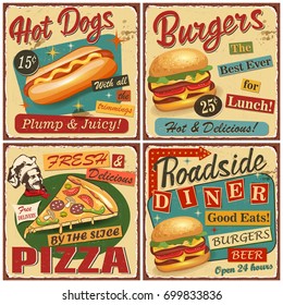  Fast Food Vintage Vector Poster Collection.Retro Diner,burger,hot Dog,pizza Metal Sign.