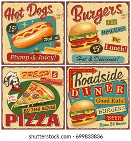  Fast food vintage vector poster collection.Retro Diner,burger,hot dog,pizza metal sign.