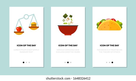 Fast food vs healthy meal flat icon set. Vegetable, frying, salad isolated vector sign pack. Culinary and cooking concept. Vector illustration symbol elements for web design and apps