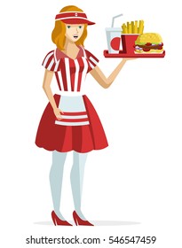 fast food waitress serving burger with french fries and soda