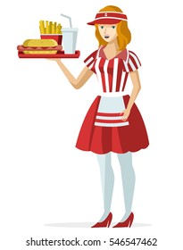 fast food waitress serving hot dog with french fries and soda