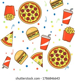 Fast food wallpaper. Soda, pizza, hamburger on yellow background.