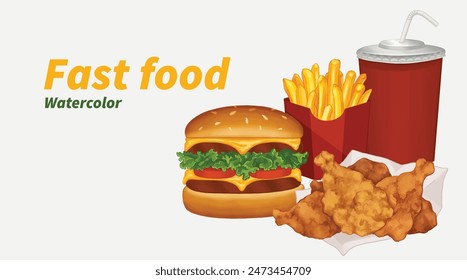 Fast food watercolor set, Hamburger, hot dog,  french fries, for restaurant design. Vector illustration