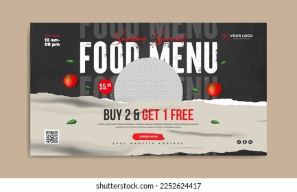 Plantilla de banner web de comida rápida para el marketing de negocios de restaurantes en medios sociales. Miniatura de vídeo de promoción del menú de alimentos. Pizza americana, hamburguesa o hamburguesa en línea, afiche o volante con logo e icono.