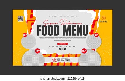 Fast food web banner template for restaurant business marketing in social media. American pizza, burger or hamburger online sale poster or flyer with logo and icon. Food menu promotion video thumbnail