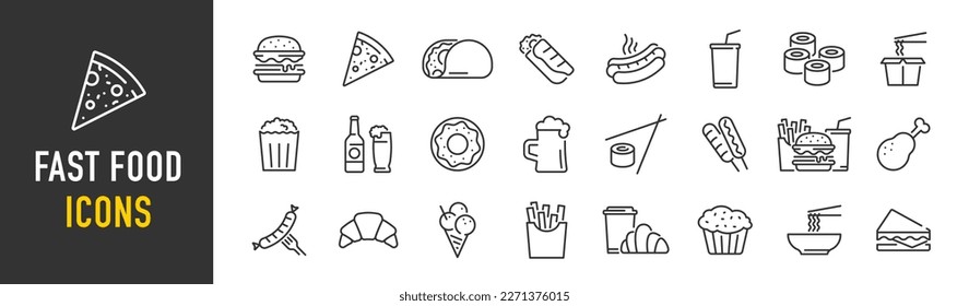 Fast food web icon set in line style. Pizza, chips, burger, french fries, hot dog, collection. Vector illustration.