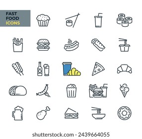 Fast food web icon set in line style. Pizza, burger, hot dog, collection. Vector illustration. Images produced without the use of any form of AI. software