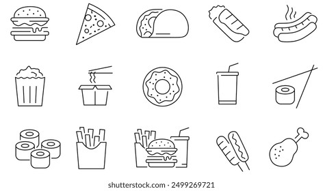 Fast food web icon set in line style. Pizza, chips, burger, french fries, hot dog, collection. Vector illustration. line art edges scoops.