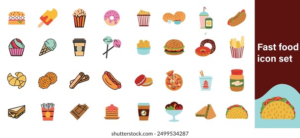 Fast food web icon set style. Pizza, chips, burger, french fries, hot dog, collection. Vector illustration.