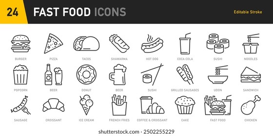 Fast food web icon set in line style. Pizza, chips, burger, french fries, hot dog, collection. Vector illustration.	