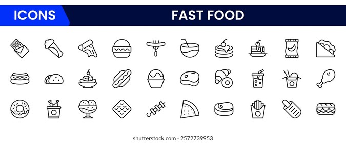 Fast food web icon set in line style. Pizza, chips, burger, french fries, hot dog, collection. Vector illustration.