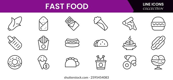 Fast food web icon set in line style. Pizza, chips, burger, french fries, hot dog, collection. Vector illustration.