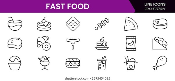 Fast food web icon set in line style. Pizza, chips, burger, french fries, hot dog, collection. Vector illustration.