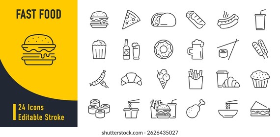 Fast food web icon set in line style. Pizza, chips, burger, french fries, hot dog, collection. Vector illustration.	