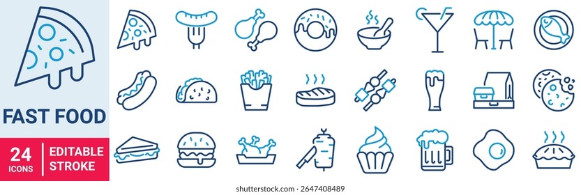 Fast food web icon set in line style. Pizza, chips, burger, french fries, hot dog, collection. Vector illustration.