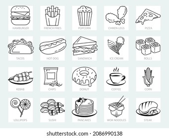 Fast food web icons set - thin line. Simple vector icons included such as burger, pizza, tacos, donut, sushi and rolls, chips and so on. Vector Icons - Adjust stroke weight - Expand to any size