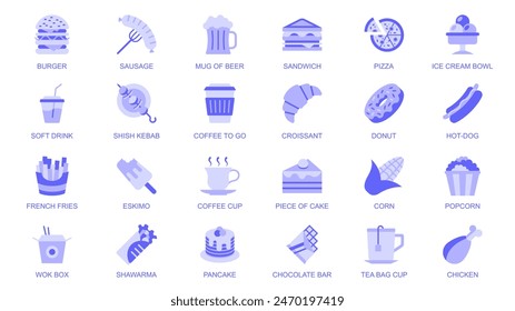 Iconos web de comida rápida en diseño plano de duotono. Empaque pictogramas con hamburguesa, salchicha, cerveza, sándwich, pizza, helado, refresco, kebab, café, croissant, donut, pastel, otros. Ilustración vectorial.