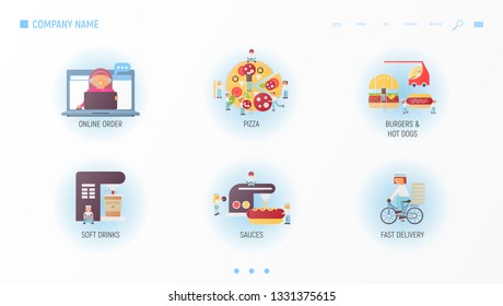 Fast Food Website - Concept for Making, Baking, Sales and Delivery Pizza, Burgers, Hot Dogs. American Style Food. Vector Illustration. Food Banner Design Template for Restaurant Web Site.
