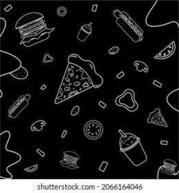 Comida rápida pizzas de patrón blanco negro, hot dog, hamburguesa, coctail