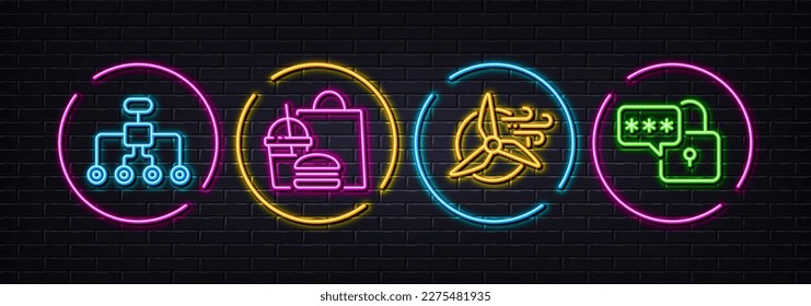 Fast food, Windmill turbine and Restructuring minimal line icons. Neon laser 3d lights. Lock icons. For web, application, printing. Meal order, Wind power, Delegate. Padlock pass. Vector