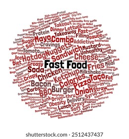 Fast food Word Nuvem. Composição das palavras relacionadas à conveniência de fast food, desejos e nutrição. Itens populares e preocupações com a saúde. Fundo Branco Isolado.