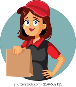 
Fast Food Worker Handing Out the Order Vector Illustration. Courier from catering service delivering meal in paper package
