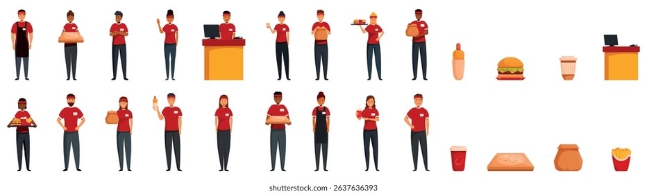 Fast food worker icons set. Diverse team of fast food restaurant employees preparing and serving meals, along with various food and drink items