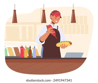 Fast Food Worker Preparing A Hot Dog Behind The Counter. Character Is Adding Condiments With A Smile, Creating An Inviting And Efficient Atmosphere In The Fast Food Restaurant. Vector Illustration