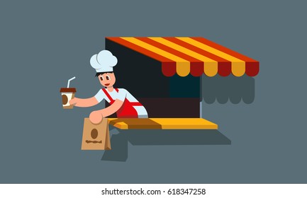 Fast food worker serves the customer. Purchase a package with food and juice. Flat style illustration.